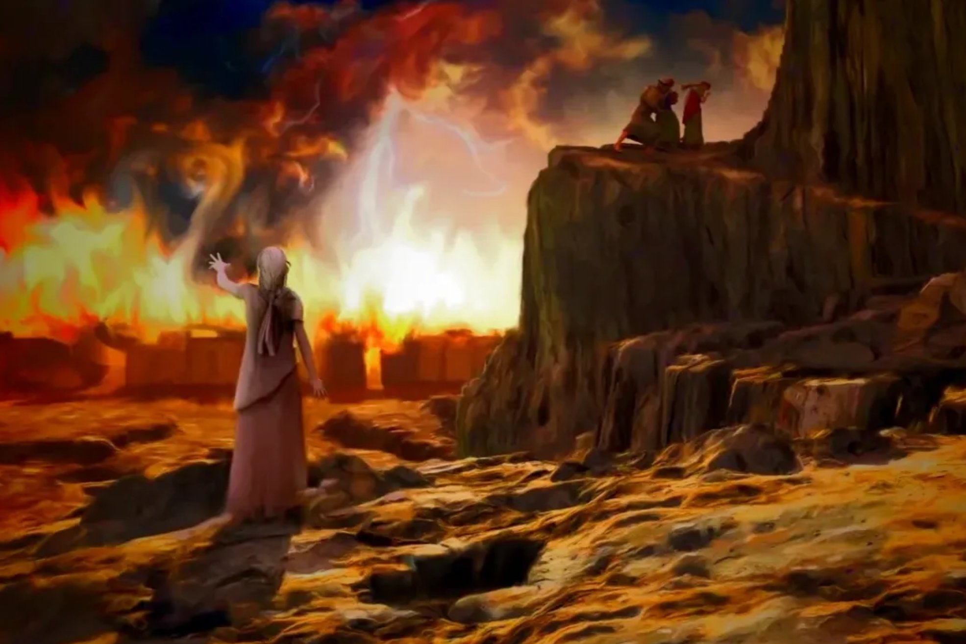 A figure observing a city engulfed in flames