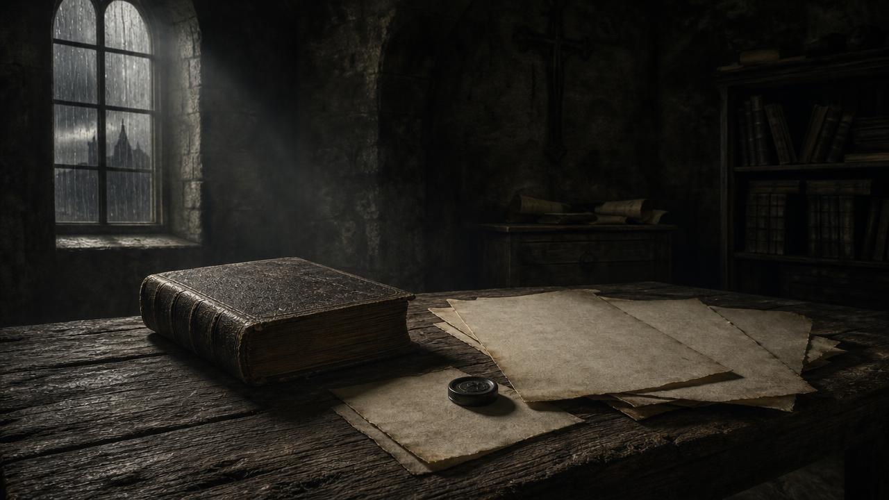 A weathered Bible and blank parchment documents on a table inside a dark stone archive