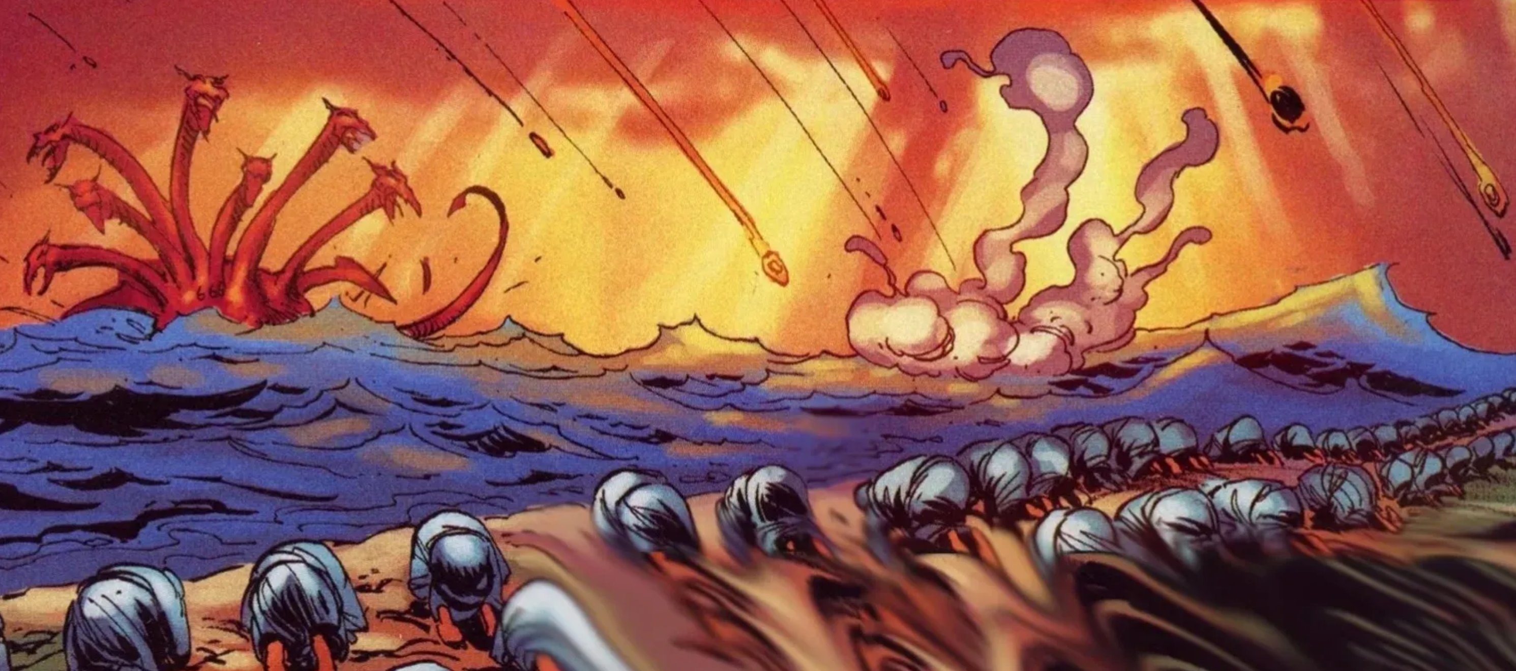A seven-headed dragon rising from the sea as people worship
