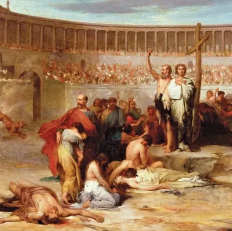 Early Christian martyrs gathered in a Roman arena