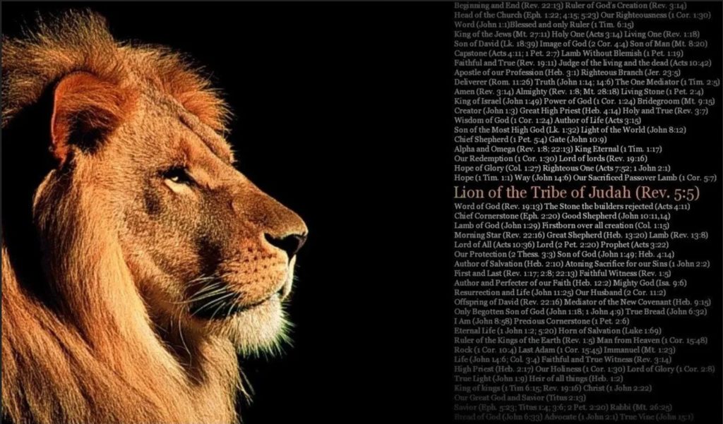 A lion beside names and titles for Jesus