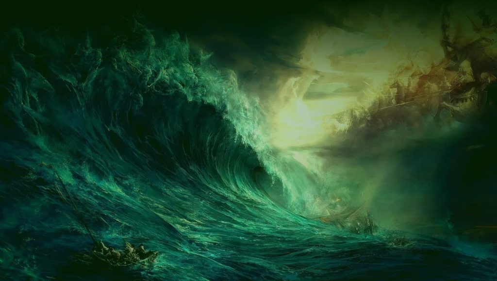 A small boat beneath a massive storm wave