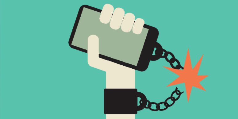A hand breaking free from a phone shackle